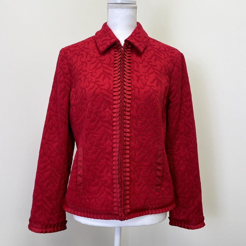 Coldwater Creek Red Textured Ribbon Trim Jacket PM Petite Medium Metallic Leaf